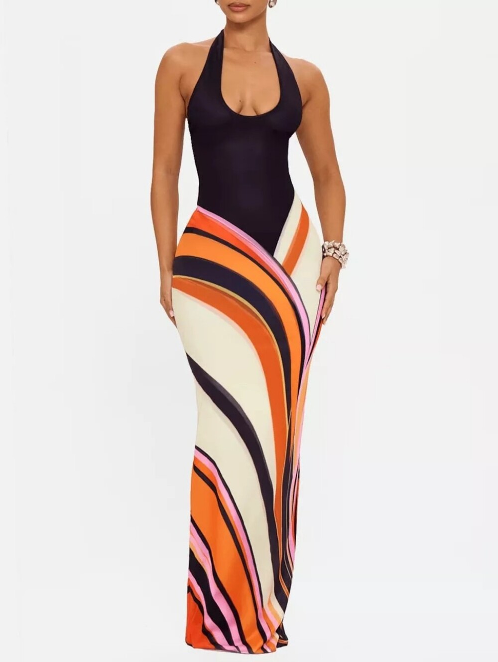 Halter Neck Maxi Dress with Abstract Print